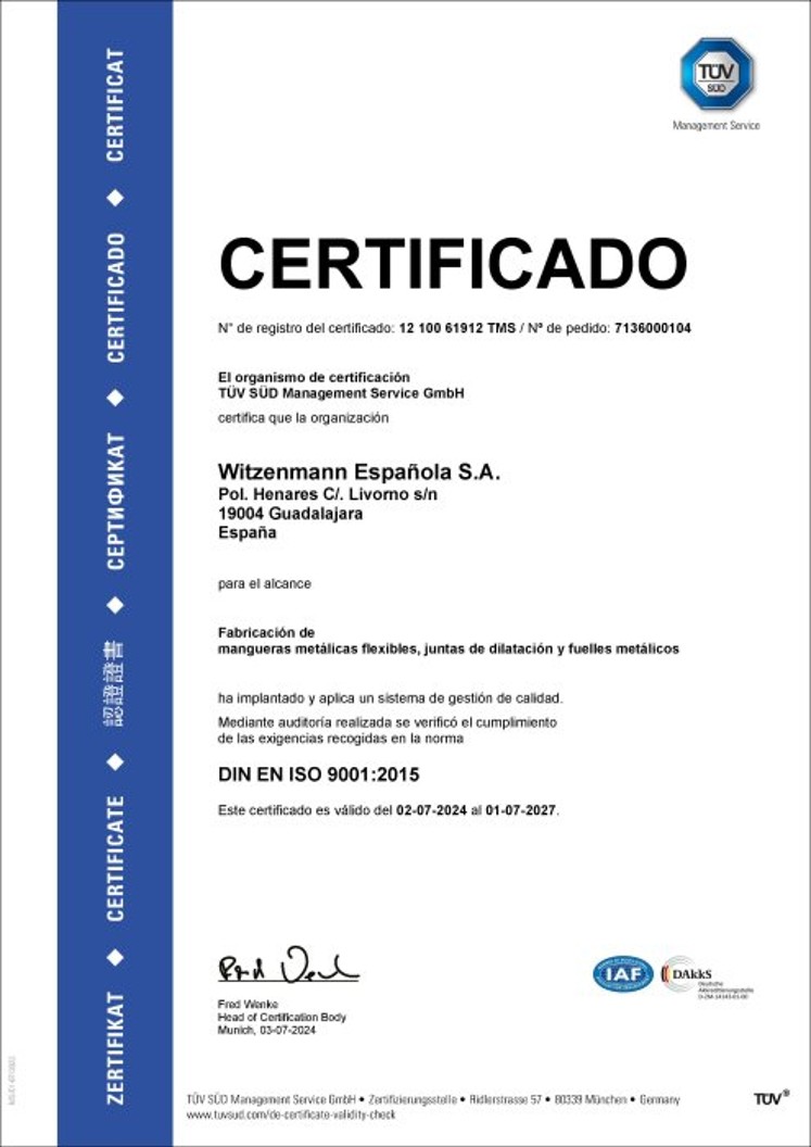 ISO 9001:2015 Certificado Witzenmann Espanola 