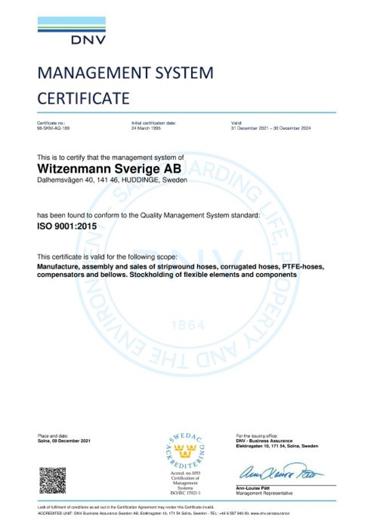 ISO 9001:2015 Certificate Witzenmann Sverige 