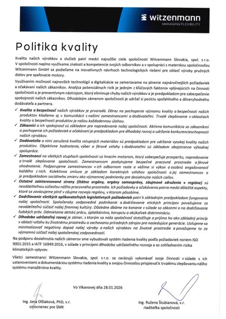 Politika kvality Witzenmann Slovakia 